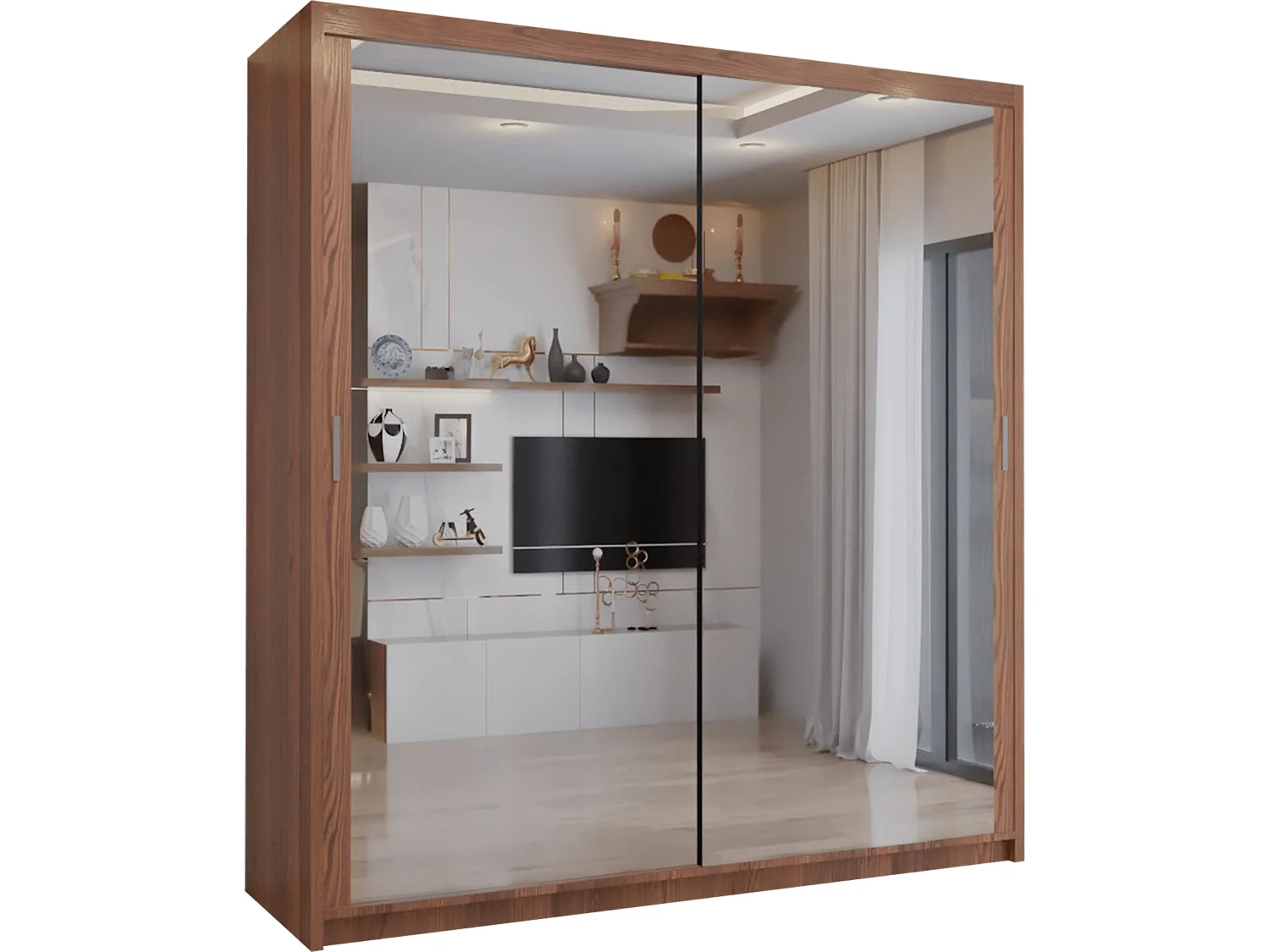 Double mirrored sliding door wardrobe - 203cm walnut- Modern