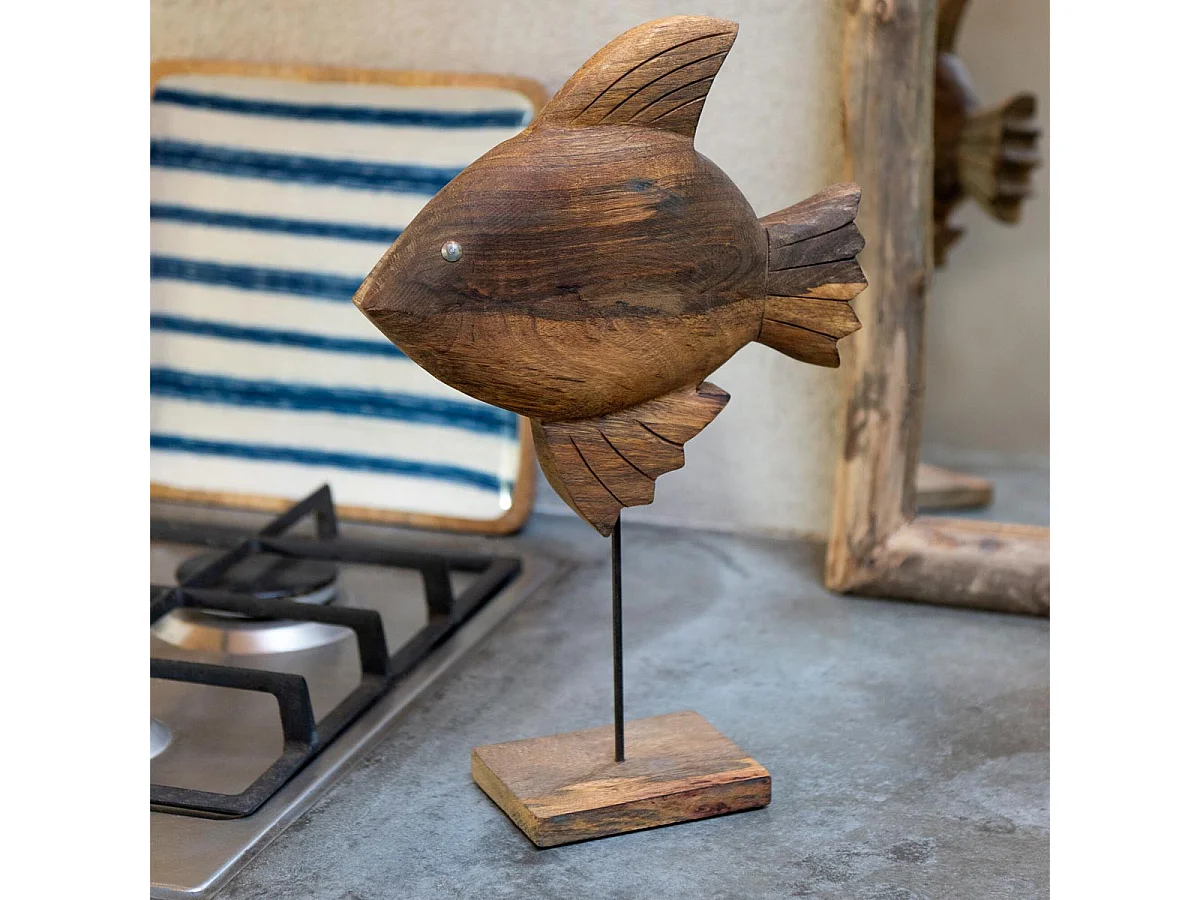 Statuette Poisson sur Pied en Bois "Antwan" 40cm Marron
