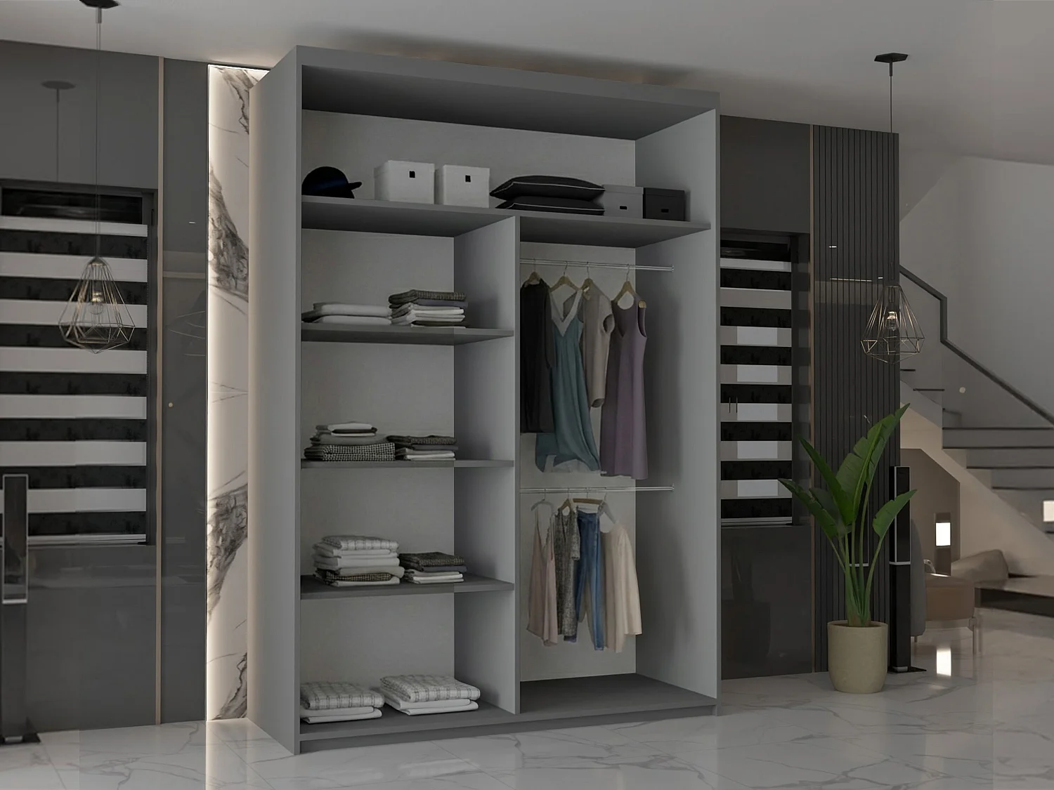 Double mirrored sliding door wardrobe - 120cm grey- Modern