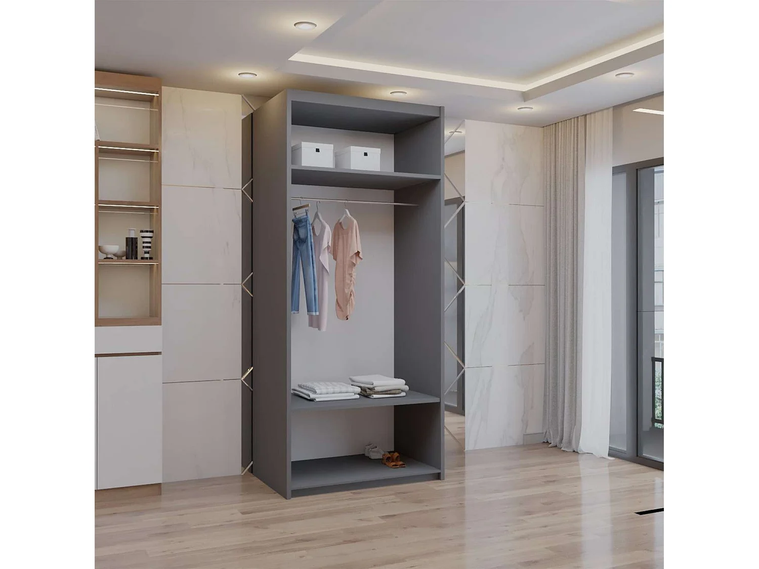 Double mirrored sliding door wardrobe - 90cm grey- Modern