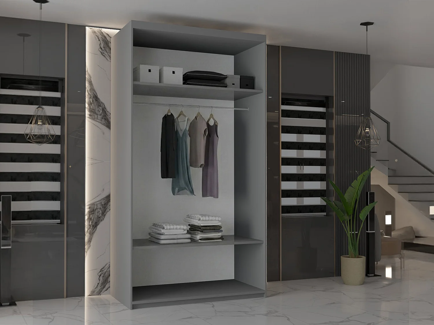 Double mirrored sliding door wardrobe - 90cm grey- Modern