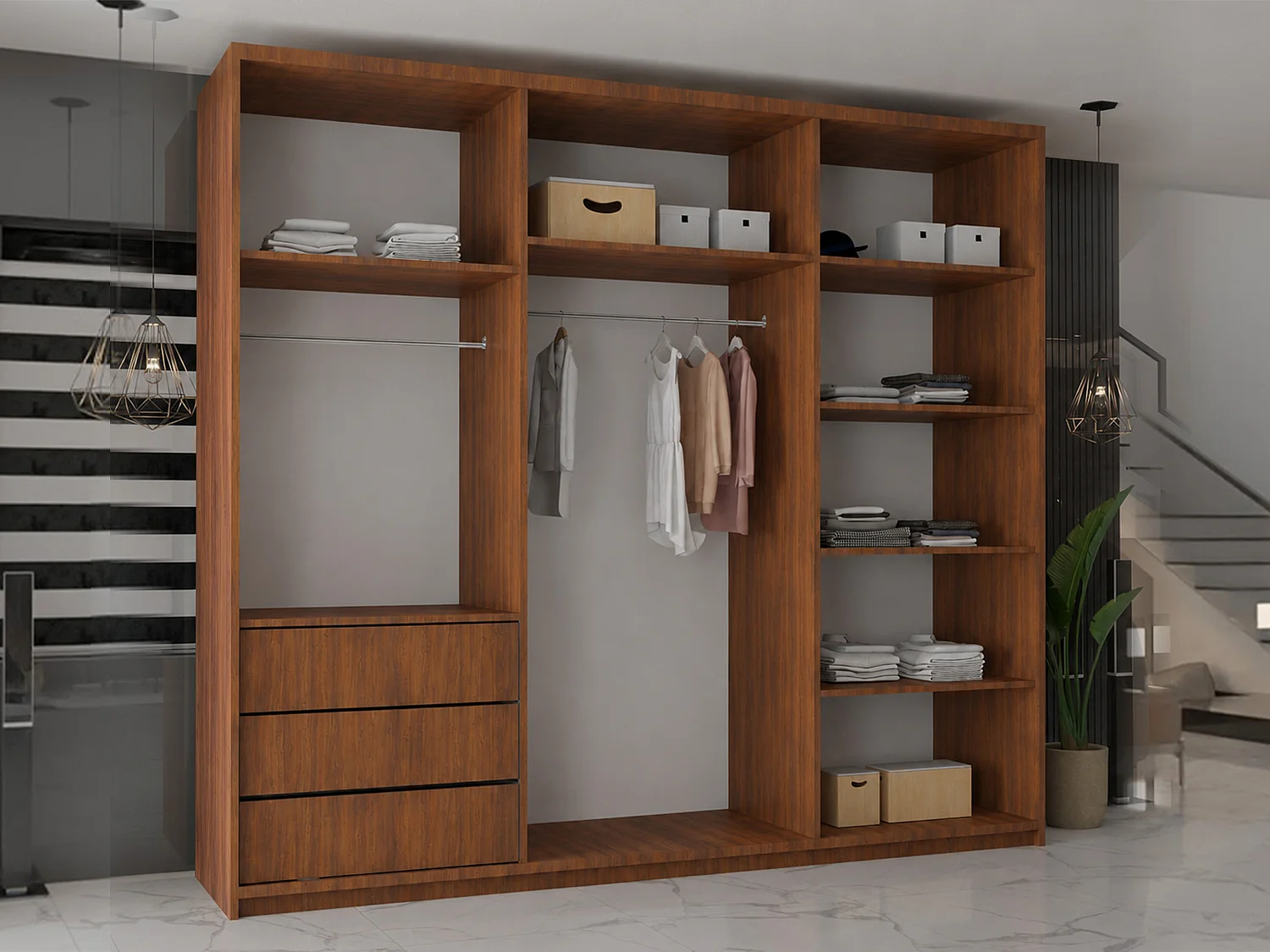 Double mirrored sliding door wardrobe - 250cm walnut- Modern