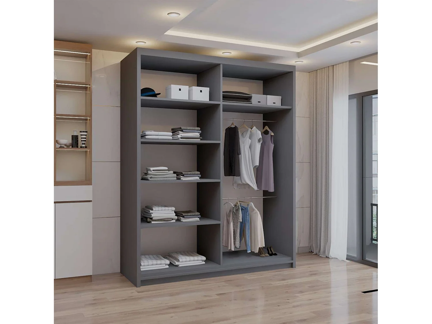 Double mirrored sliding door wardrobe - 150cm grey- Modern