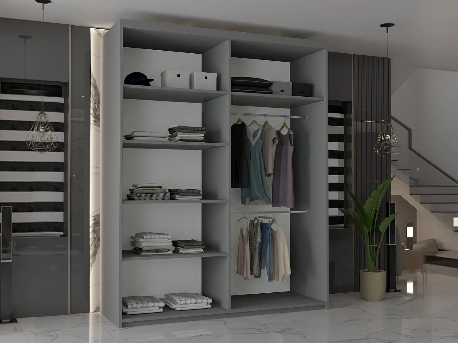 Double mirrored sliding door wardrobe - 150cm grey- Modern