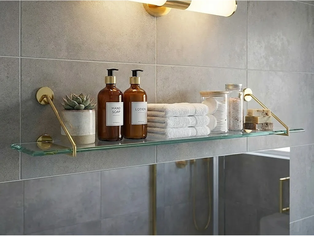 Cleo Shelf Brass - Toughened Bevelled Glass Shelf with Brass-Finish Supports