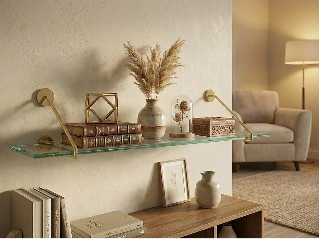 Cleo Shelf Brass - Toughened Bevelled Glass Shelf with Brass-Finish Supports