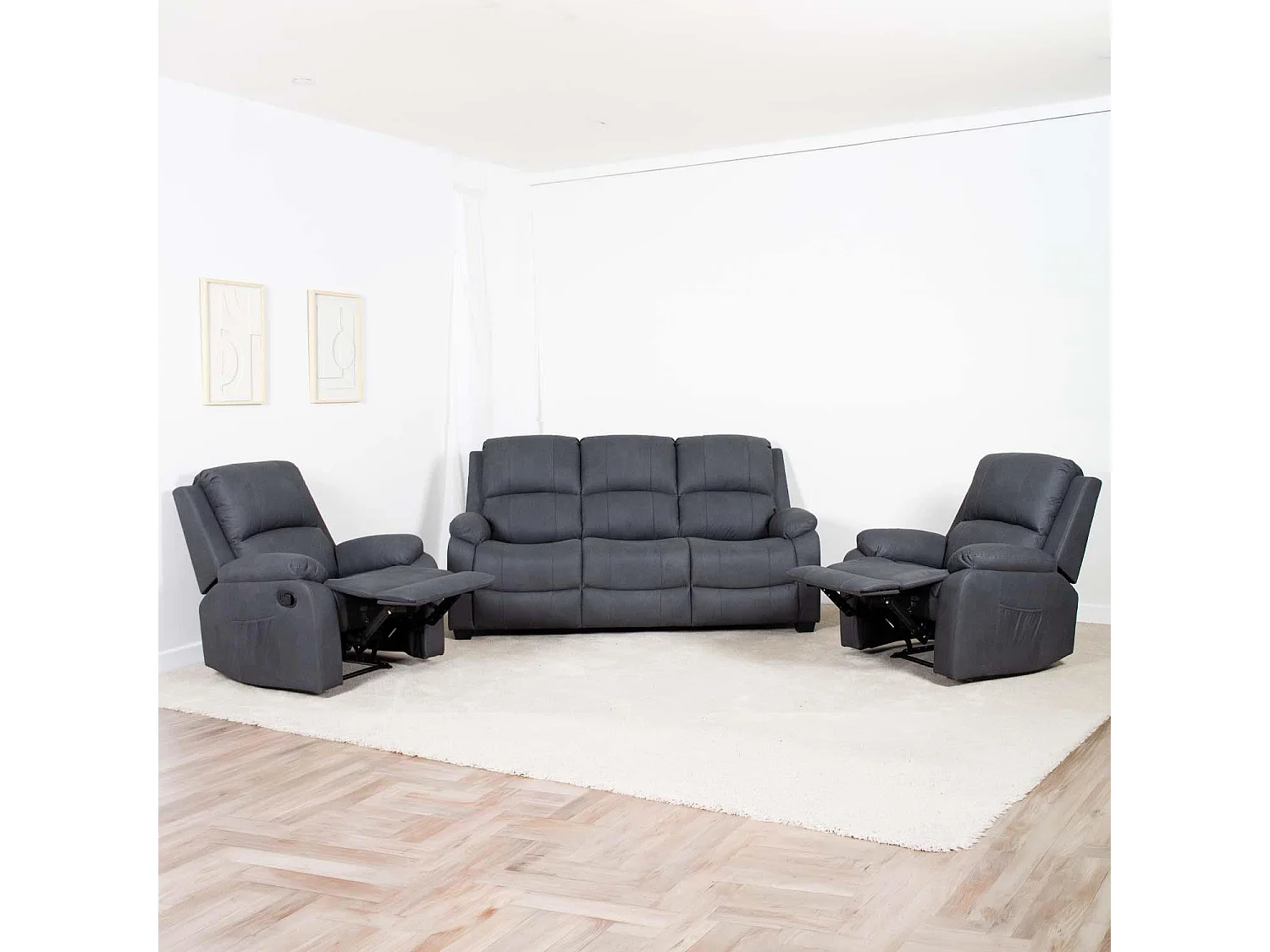 Alaska Grey Fabric 3 Seater & 2 Recliner Chairs