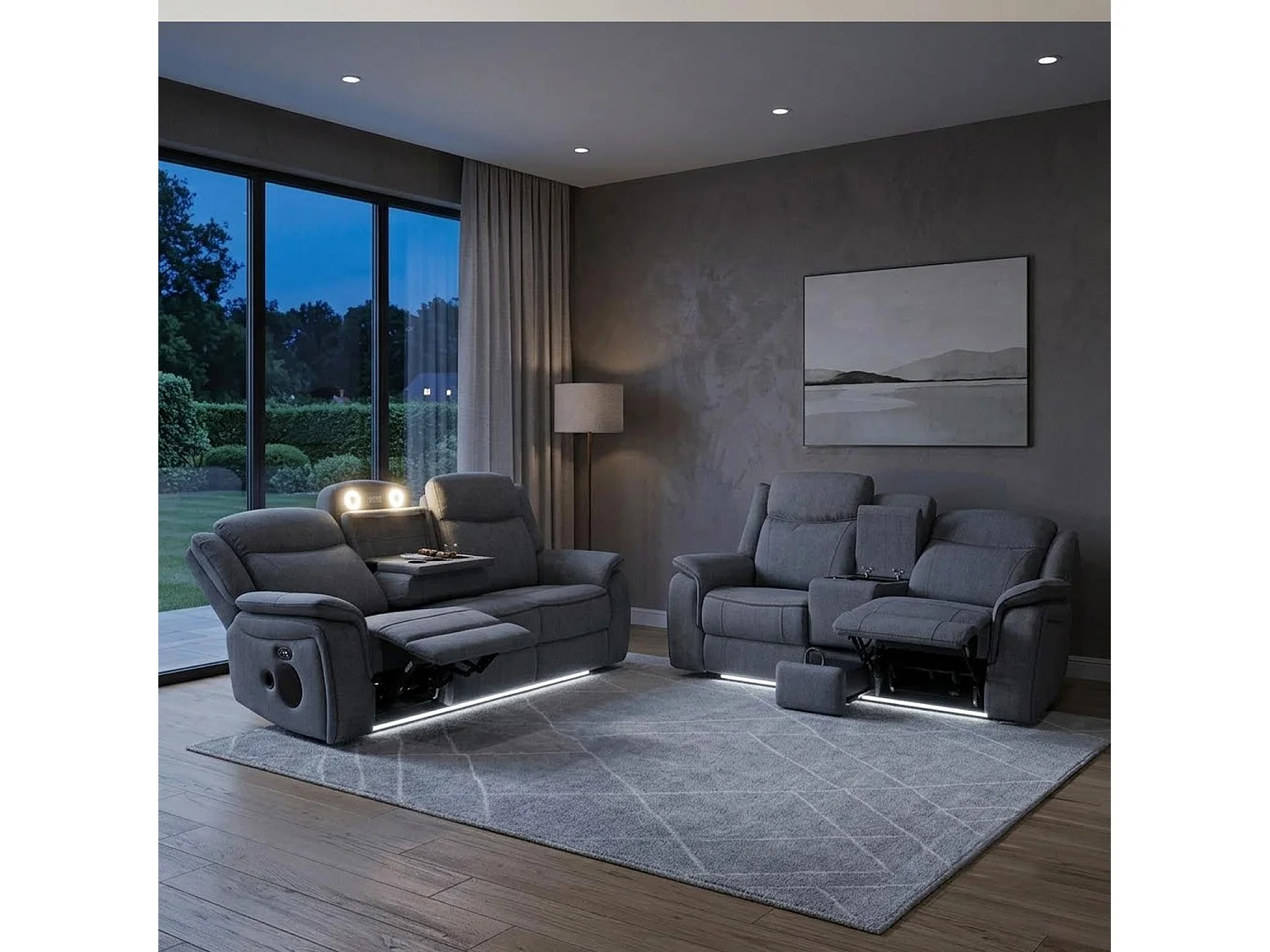 Milano Grey Fabric Electric Reclining Sofa Suite USB Cup Holder