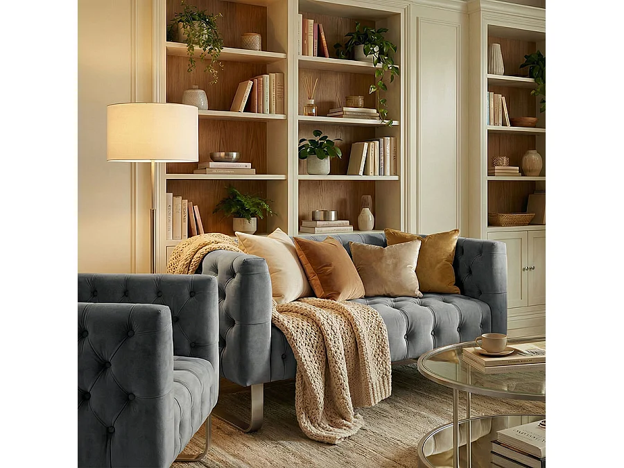 Grosvenor Two-Seat Chesterfield Sofa - Dove Grey Velvet - Brushed Silver Base
