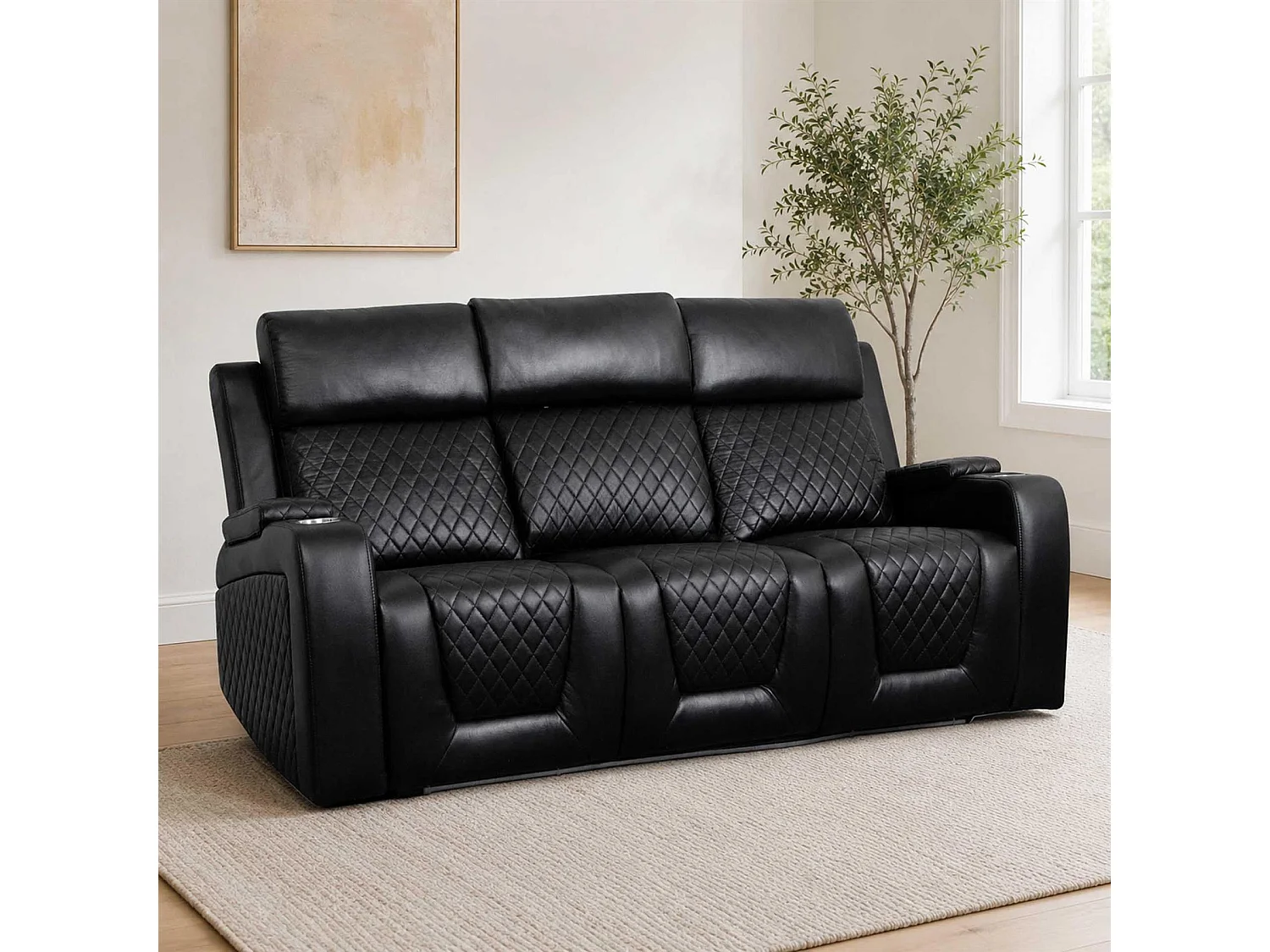 Felix Black Leather Electric Reclining Sofa Suite USB Cup Holder