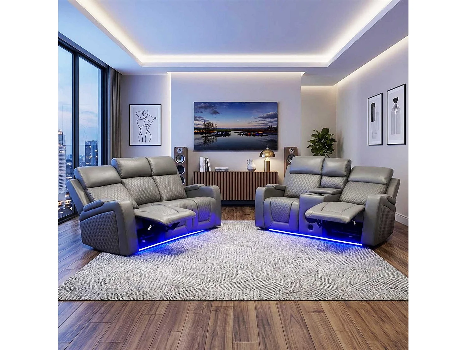 Felix Grey Leather Electric Reclining Sofa Suite USB Charging