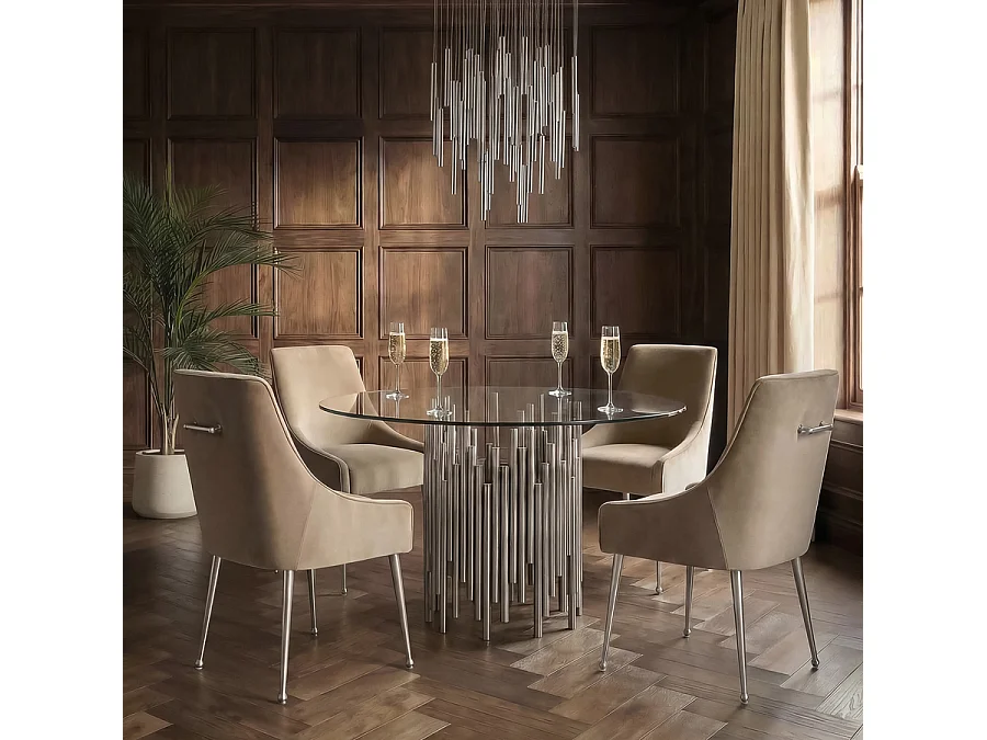 Rubell Silver Round Dining Table, 120 cm, Brushed Stainless Steel Base, 10 mm Toughened Glass