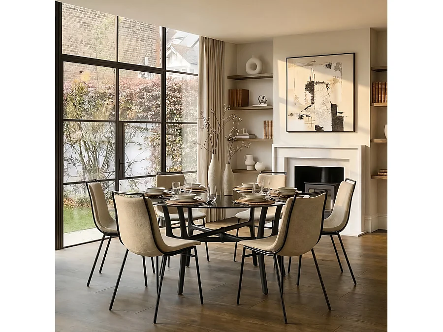 Hexapod Black Dining Table - 150 cm Round, Toughened Transparent Black Glass Top, Powder-Coated Aluminium Base