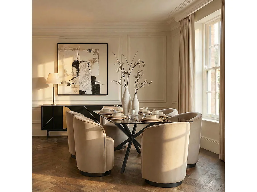 Aster Black Dining Table - Rectangular Toughened Glass Top, Seats 6