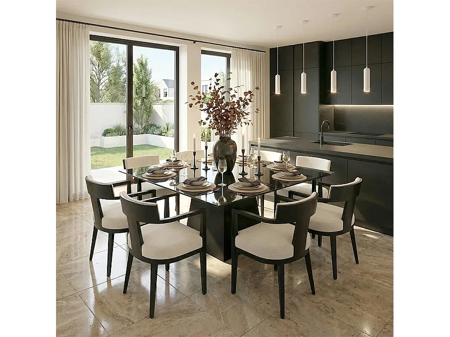 Loretta Square Black Dining Table - 150cm Toughened Glass Top, Oak Base
