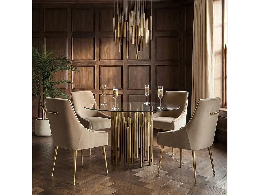 Rubell Brass Dining Table - Round Art Deco Glass Top, Brass Electroplated Base