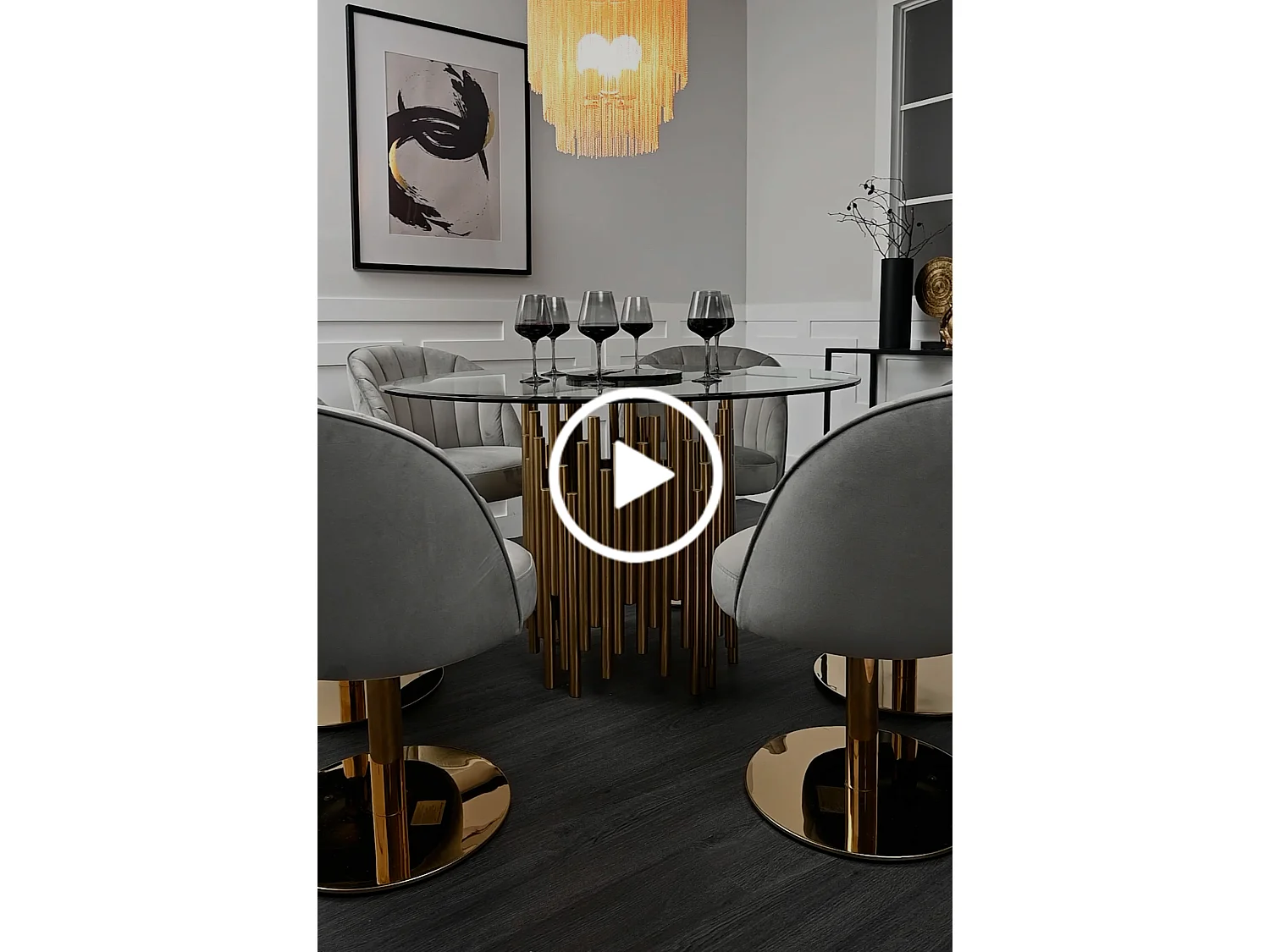 Rubell Brass Dining Table - Round Art Deco Glass Top, Brass Electroplated Base