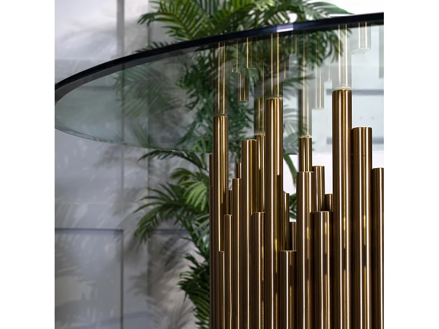 Rubell Brass Dining Table - Round Art Deco Glass Top, Brass Electroplated Base