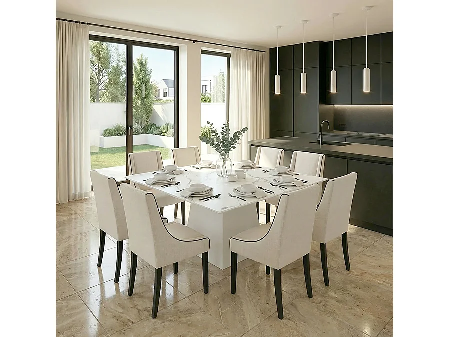 Loretta Square Dining Table, 150cm Marble-Effect Toughened Glass Top, White Wooden Base