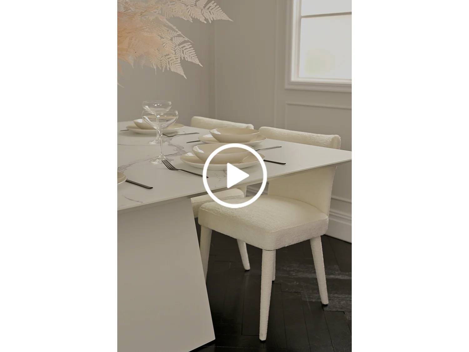 Loretta Square Dining Table, 150cm Marble-Effect Toughened Glass Top, White Wooden Base