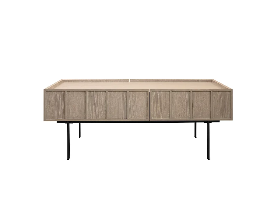 Eastwood coffee table - rectangular, warm grey washed oak veneer, 2 soft-close drawers, black powder-coated steel base