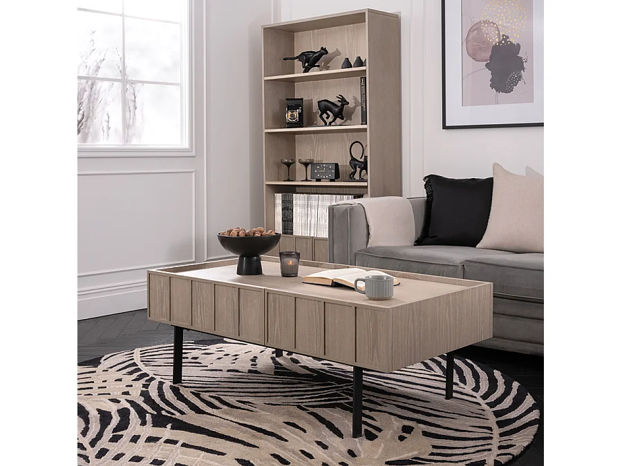 Eastwood coffee table - rectangular, warm grey washed oak veneer, 2 soft-close drawers, black powder-coated steel base