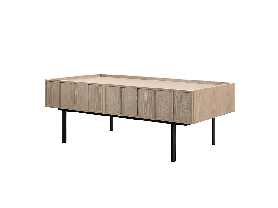 Eastwood coffee table - rectangular, warm grey washed oak veneer, 2 soft-close drawers, black powder-coated steel base
