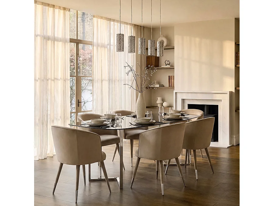Chevron Silver Dining Table - 220x105 cm, Toughened Dark Grey Glass Top, Mirror-Polished Stainless Steel Legs
