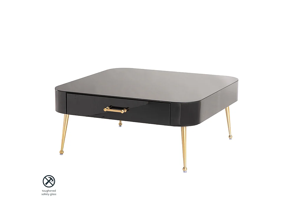 Mason Black Glass Coffee Table, Toughened Glass Top, Brushed Gold Legs
