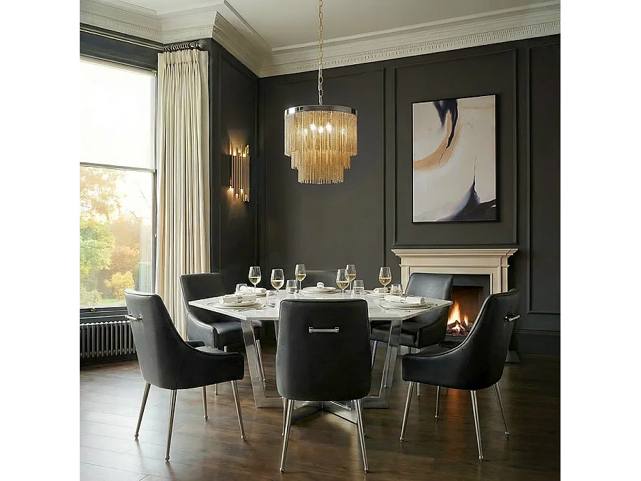 Kronos Chrome Dining Table - Hexagonal Solid Marble Top, Chrome-Plated Steel Base