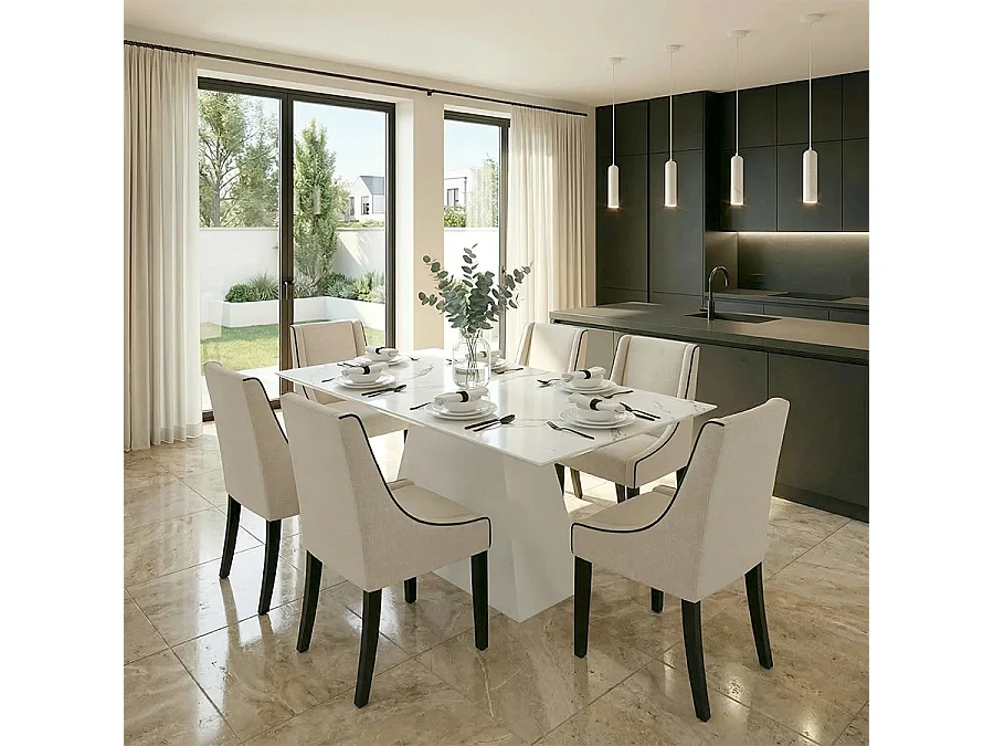 Loretta Dining Table - Rectangular marble-effect toughened glass top, tapered white wooden base, seats 6