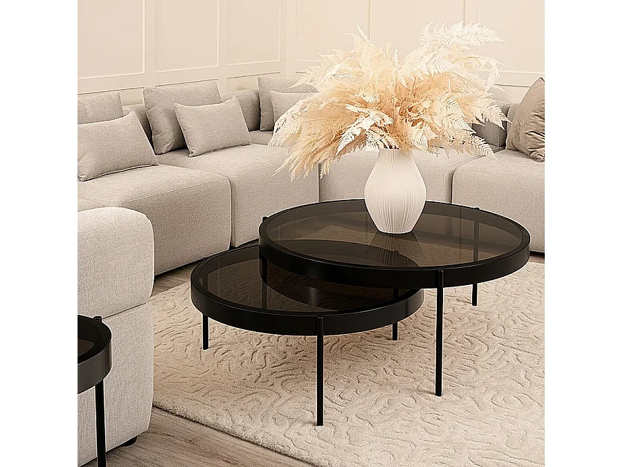 Orion Black Nesting Coffee Tables, Round Grey Glass Tops, Satin Black Stainless Steel Bases