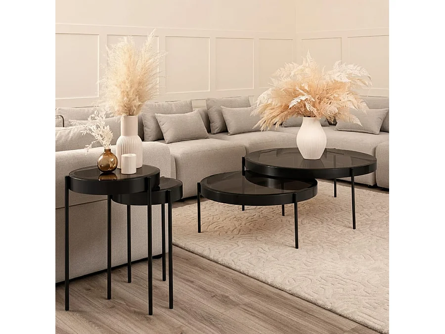 Orion Black Nesting Coffee Tables, Round Grey Glass Tops, Satin Black Stainless Steel Bases