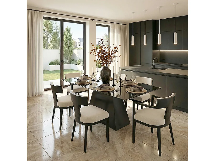 Loretta Black Dining Table - Rectangular Toughened Glass Top, Wooden Base, Seats 6