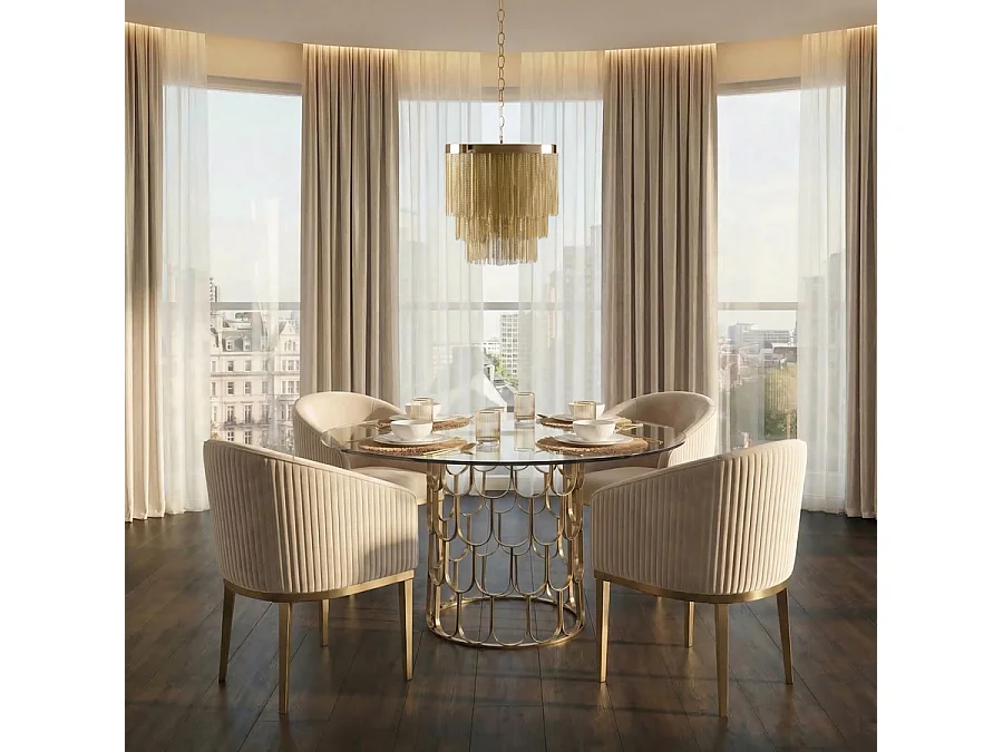 Pino 4–5 Seater Brass Dining Table, 120 cm Round, Toughened Glass Top, Brushed Stainless Steel Base