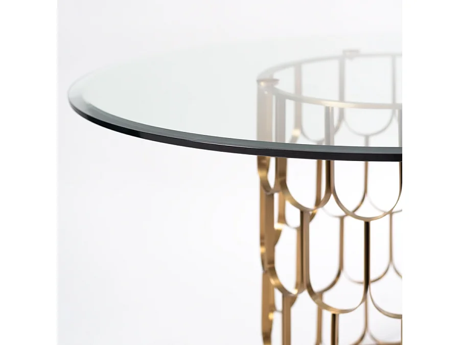 Pino 4–5 Seater Brass Dining Table, 120 cm Round, Toughened Glass Top, Brushed Stainless Steel Base