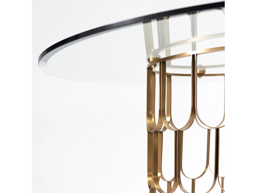 Pino 4–5 Seater Brass Dining Table, 120 cm Round, Toughened Glass Top, Brushed Stainless Steel Base