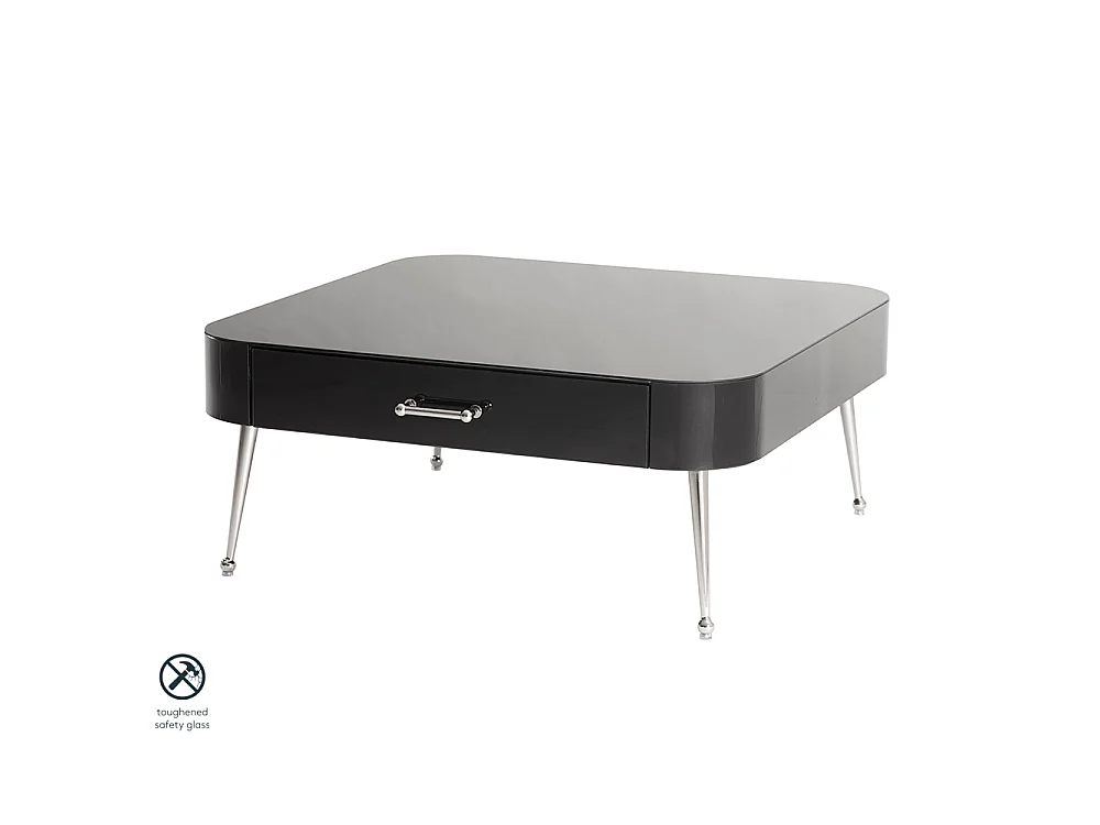 Mason Black Glass Coffee Table, 90 x 90 cm - Toughened Glass, Polished Silver Legs