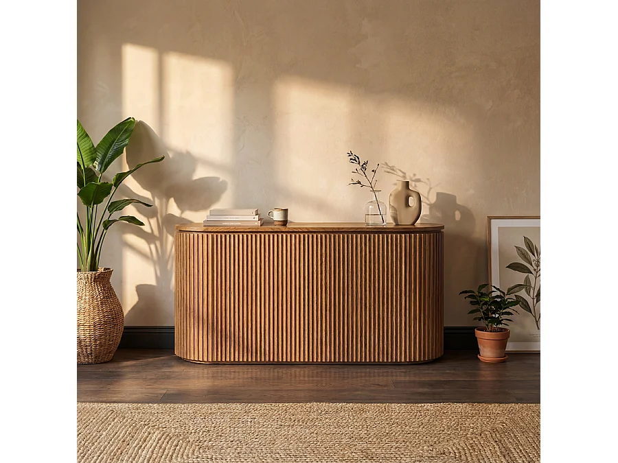 Ophelia Chestnut Sideboard, Japandi Oak Veneer, 140 x 45 x 67.5 cm
