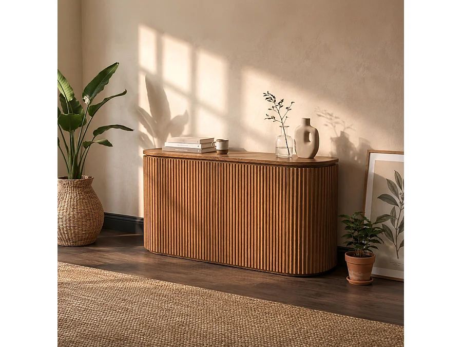 Ophelia Chestnut Sideboard, Japandi Oak Veneer, 140 x 45 x 67.5 cm