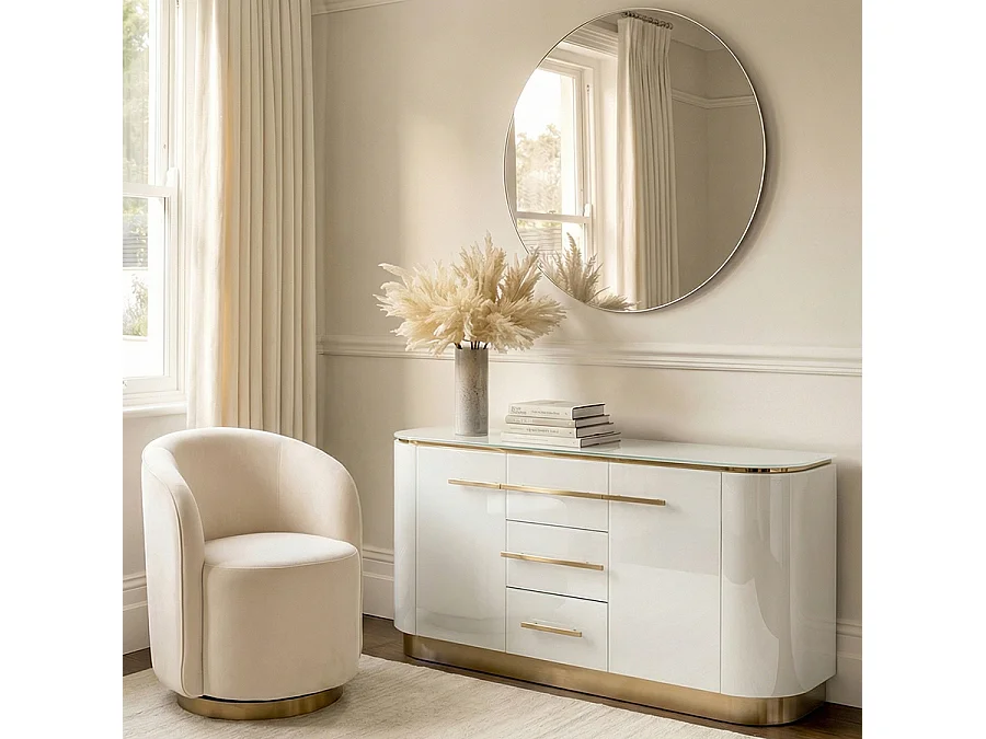 Anastasia White Glass Sideboard with Brass-Finish Details