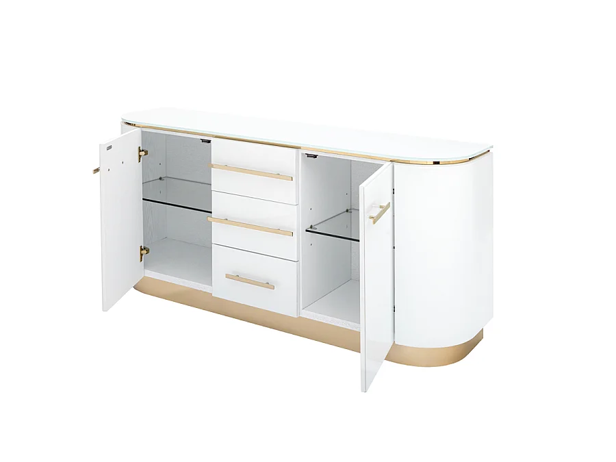 Anastasia White Glass Sideboard with Brass-Finish Details