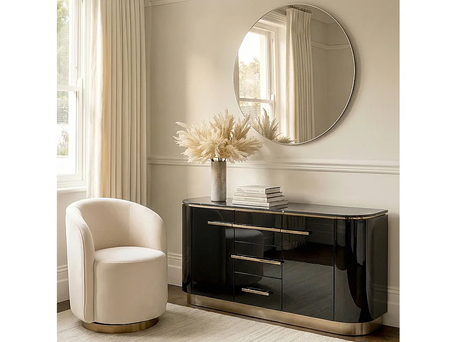 Anastasia Black Glass Sideboard with Brass-Finish Details