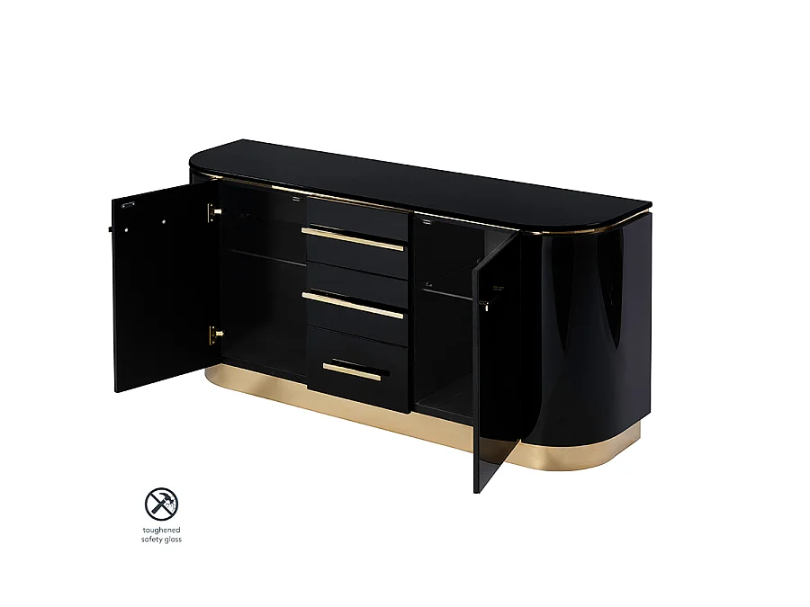 Anastasia Black Glass Sideboard with Brass-Finish Details