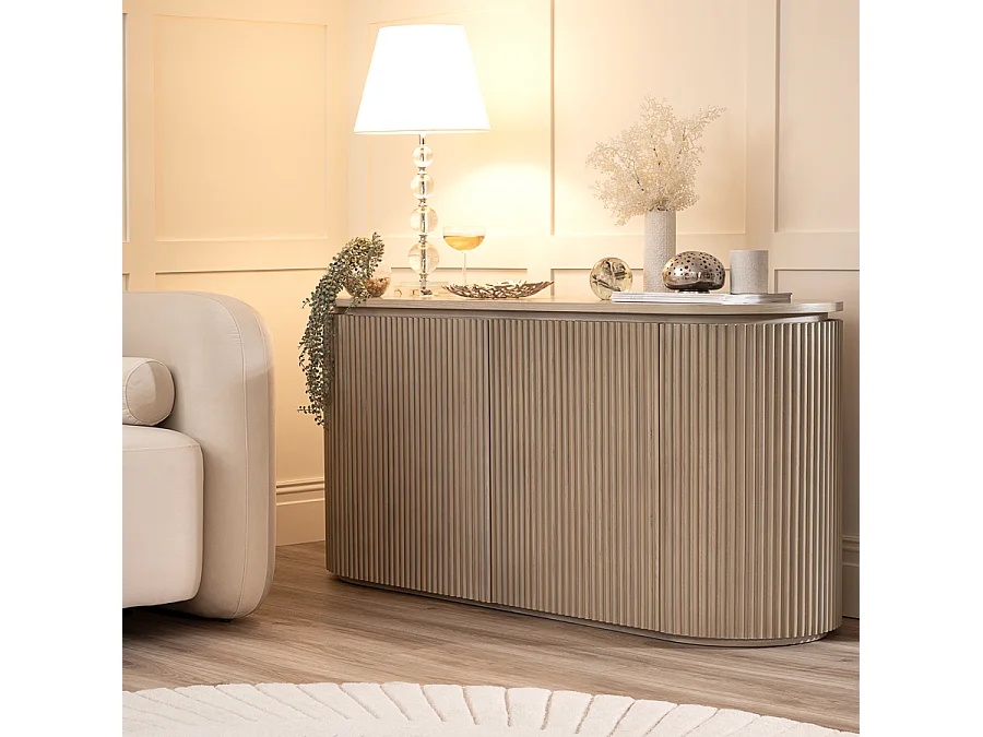Ophelia Washed Grey Oak Sideboard, Washed Oak Veneer, Reeded Detail, 140x45x67.5 cm
