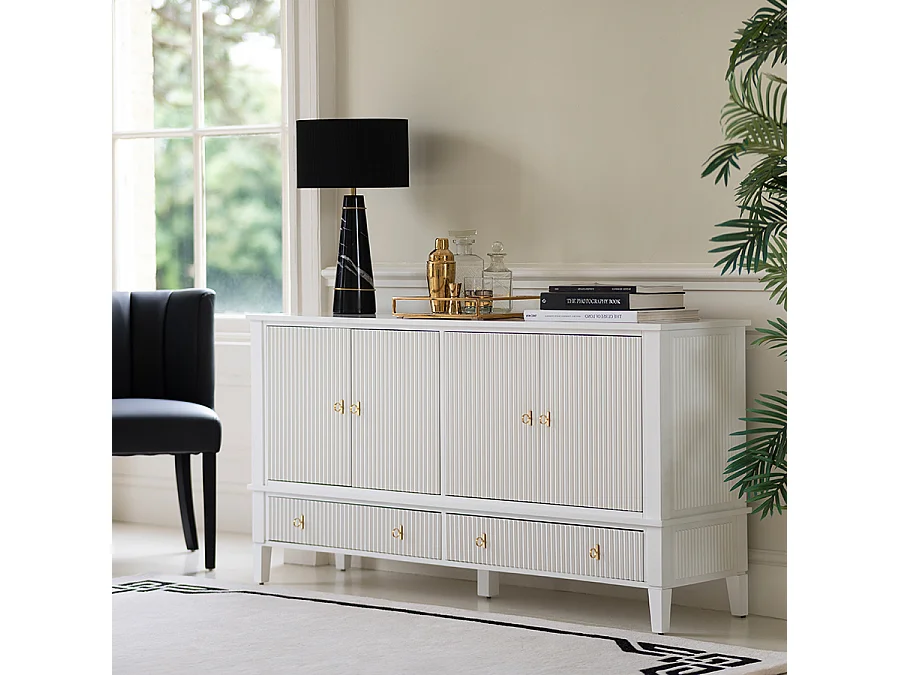 Heidi White Sideboard - 4-door, 2-drawer oak-veneer sideboard with reeded detail