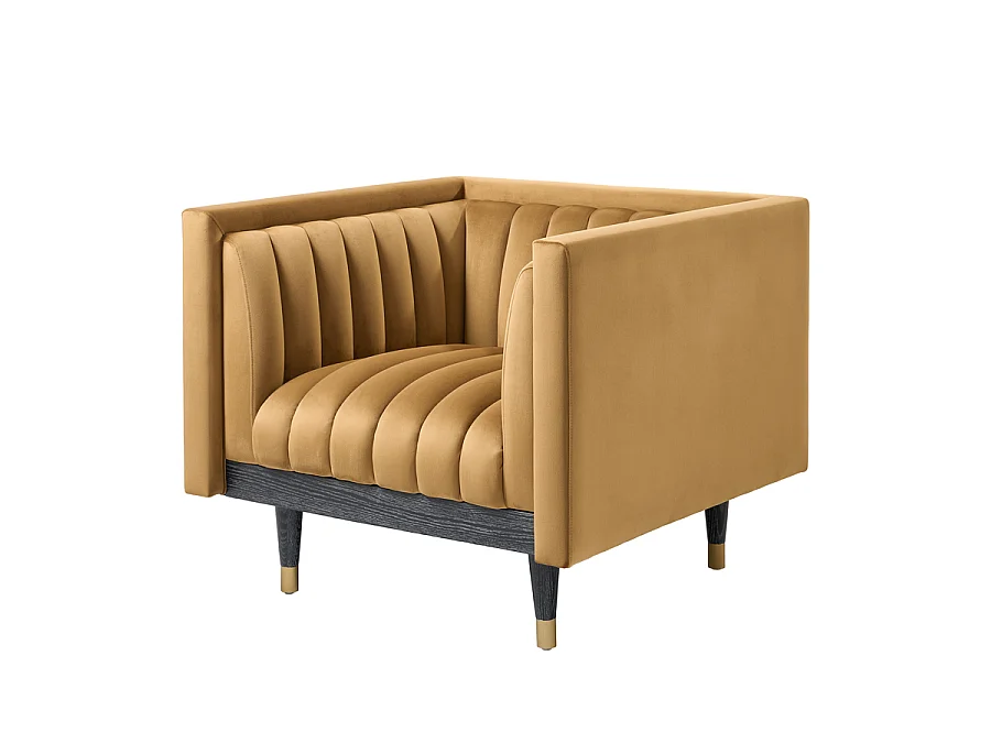 Metz Camel Velvet Armchair - Fluted Tub Design, Solid Ash Base