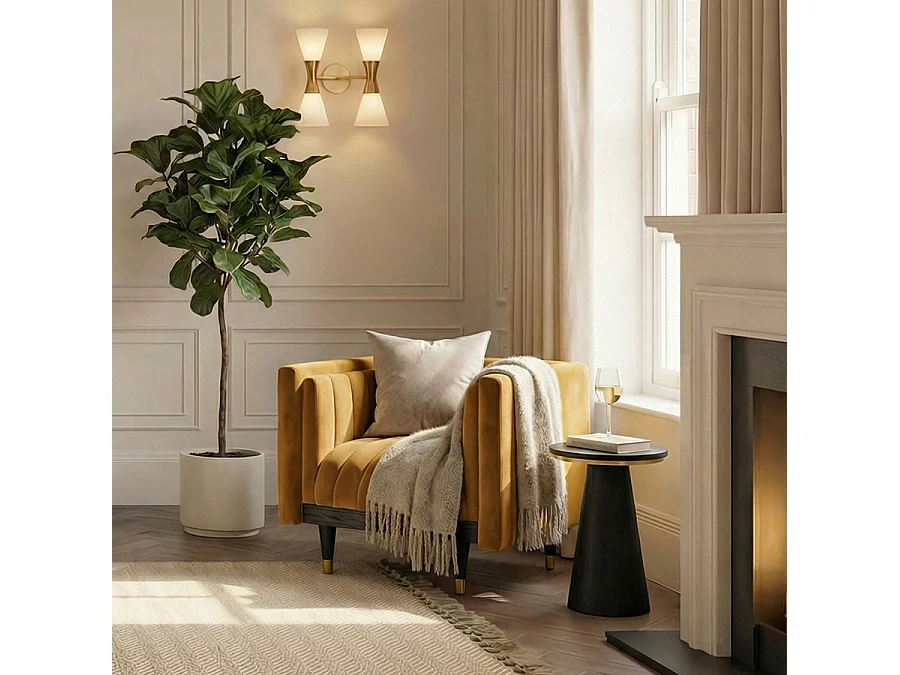 Metz Camel Velvet Armchair - Fluted Tub Design, Solid Ash Base