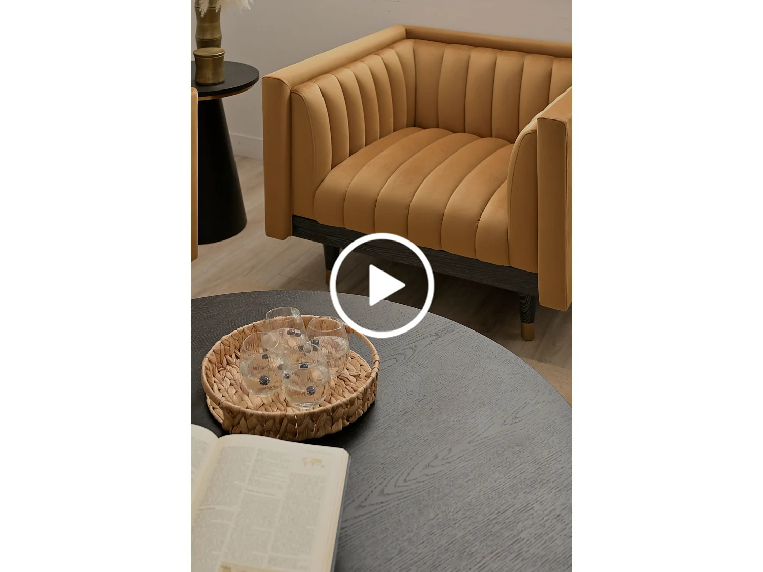 Metz Camel Velvet Armchair - Fluted Tub Design, Solid Ash Base