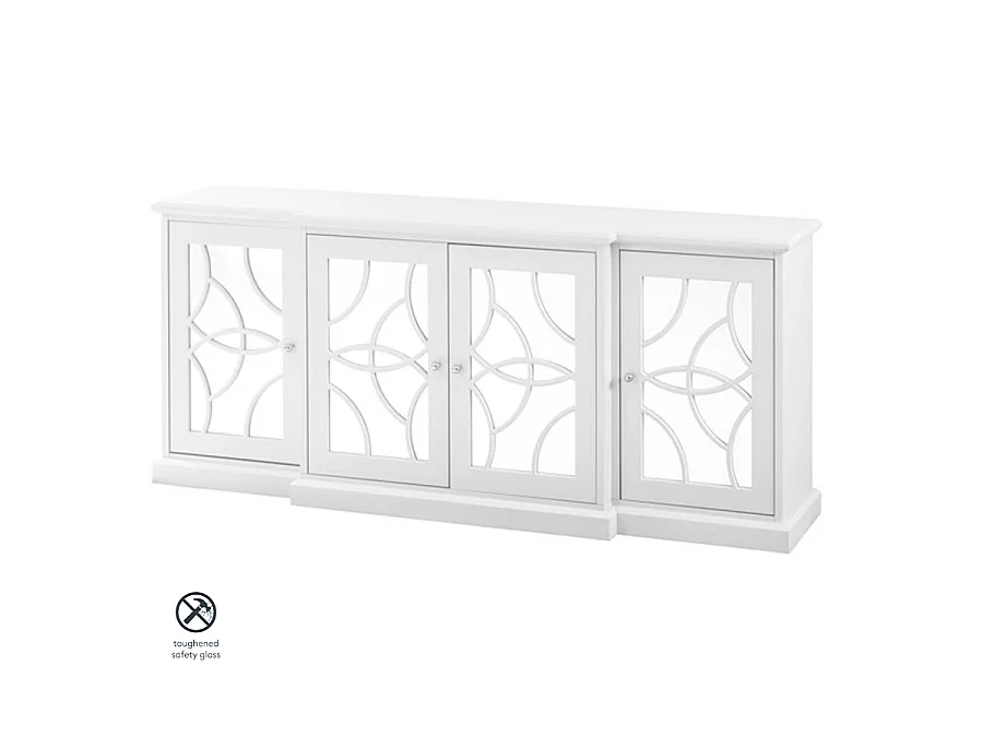 Etienne White Sideboard - Oak Veneer, Mirror Doors, Fretwork Detailing